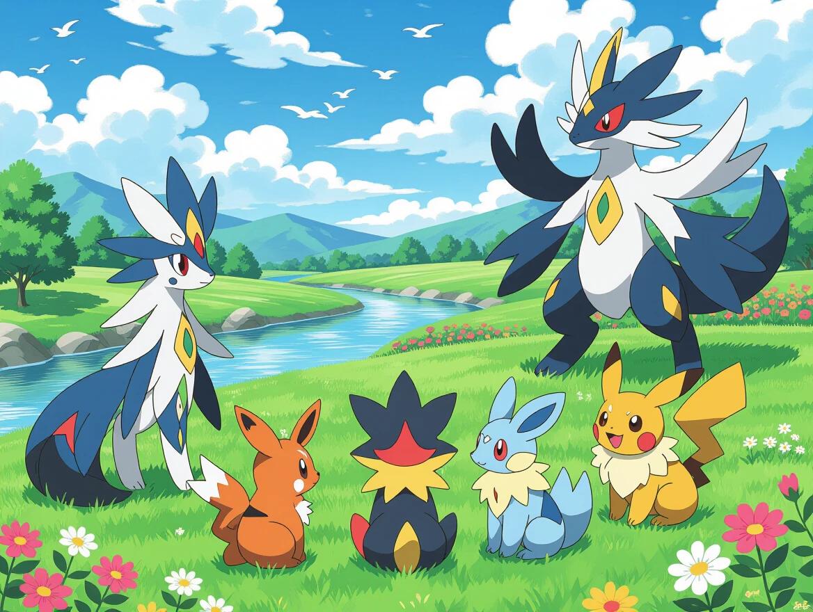 Colorful wallpaper featuring iconic Pokémon on a lush green lawn beside a river. Characters face away while observing a scenic sky. Background filled with gentle hills and fluffy clouds. Pokémon include Zacian and Kyurem.