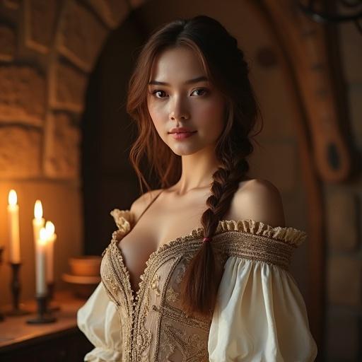 Portrait of an elegant woman in a medieval fantasy setting. She has a curvy figure with a large bust and slim waist. The gown is ornate and semi-sheer with embroidery. Warm cinematic lighting enhances details. Scene is set in a cozy stone cottage with candles.