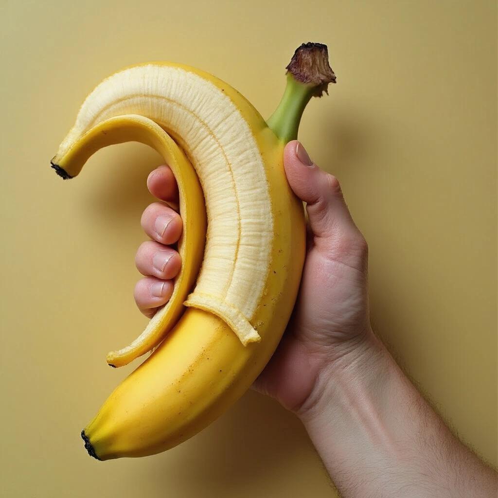 A hand holding a banana. The banana has human skin where the peel should be. Soft background color. Bananas are bright yellow.