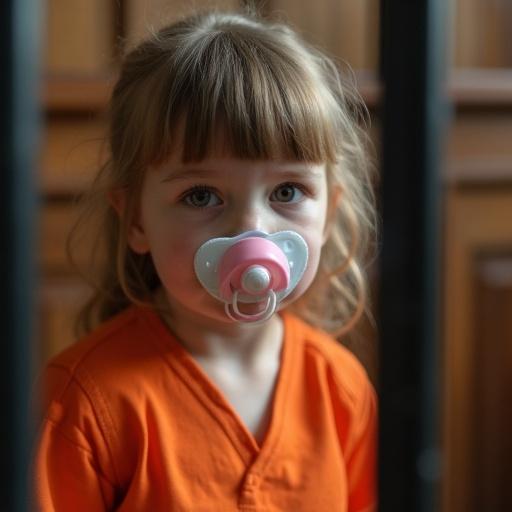 A 10 year old girl plays courtroom with her mother. Mother wears an orange jumpsuit. Girl acts as a judge. Mother is emotionally pleading in a cage. Child has oversized pacifiers.