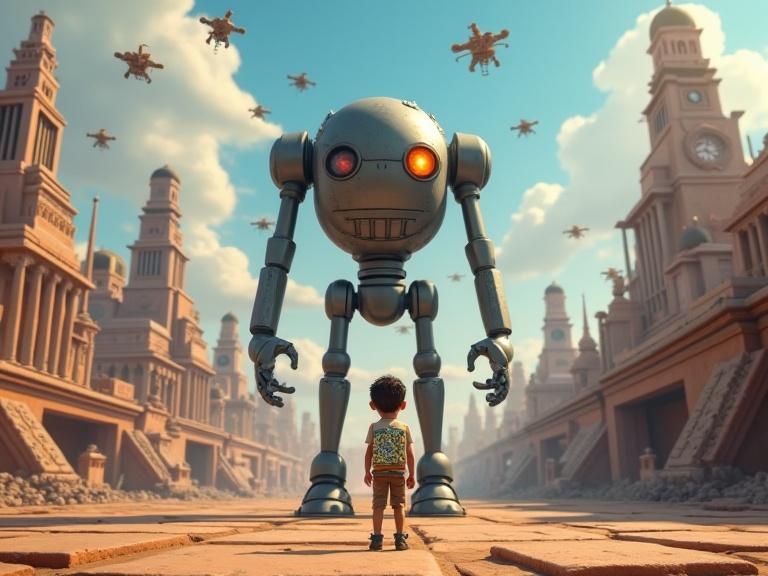 Boy named Omar in center of a futuristic robot city. Metallic buildings shaped like robots surrounding him. Flying drones in the sky. Giant friendly robot greets him. Omar holds a glowing digital map. Style is similar to Pixar animation with rich imaginative details.