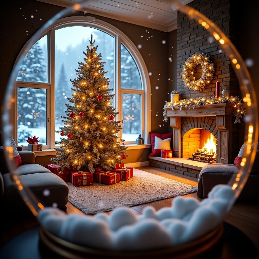 Cozy living room decorated for Christmas inside a snow globe. Richly adorned Christmas tree with warm lights and ornaments. Crackling fireplace adds ambiance. Large windows show snowy landscape. Inviting colors and soft furnishings create warm atmosphere for gatherings.