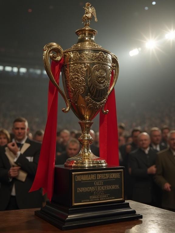Elaborate trophy representing a sports tournament. Bright lighting highlights the trophy. Blurred audience in the background appears to cheer. Main character from the video game Company of Heroes 3 is holding the trophy.