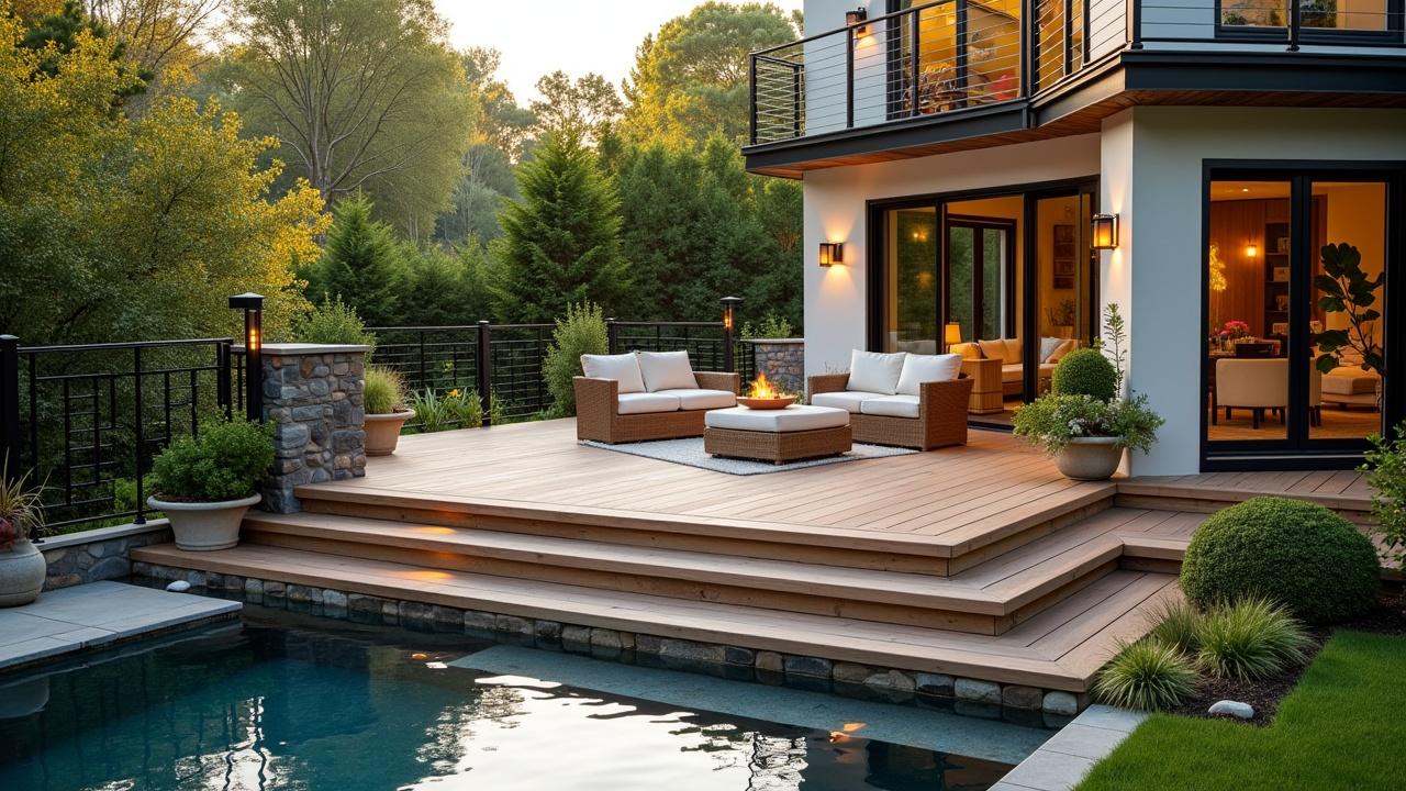 A luxurious modern patio area with wooden decking and a stylish seating arrangement around a fire pit, adjacent to a contemporary-style house, overlooking a serene backyard with trees and a pool, captured at sunset with warm lighting.