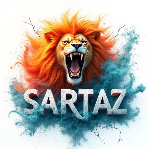 Hyperrealistic 3D render showcasing the word SARTAZ intricately crafted from dynamic elements. Letters sculpted from swirling crimson flames intertwine with turquoise ocean waves and gusts of white wind. Central image features a roaring lion's head with fiery mane and amber eyes. Backdrop consists of vibrant orange and deep blue smoke trails swirling around the lion's head against a white background. Soft volumetric lighting creates dramatic shadows, emphasizing power and energy of the design.