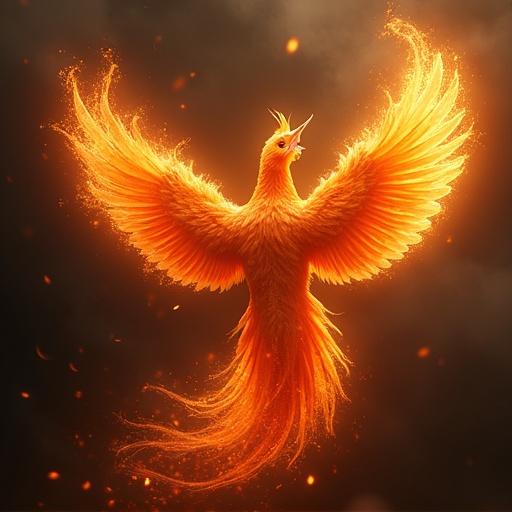 Depiction of a fiery phoenix. Phoenix rises with fiery wings. Background features dark clouds. Focus on the phoenix from behind. The feathers appear as flames. Bright and vibrant colors used to illustrate the fire.