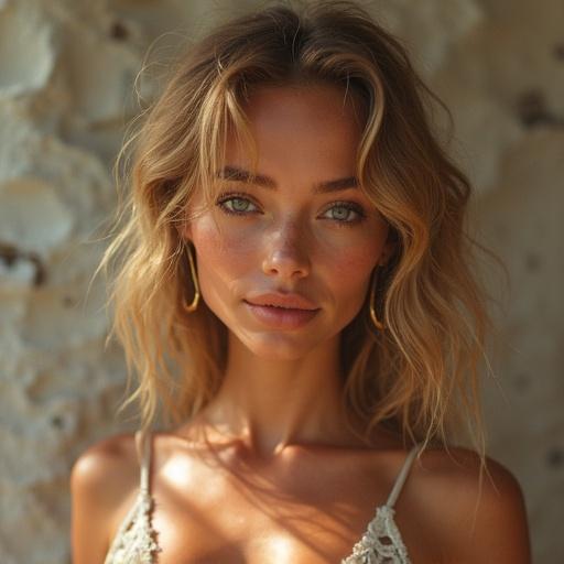Model with soft features smiles under natural light. Long, wavy hair frames her face. Skin tone is light and smooth. Eyes are expressive, showing warmth. A warm atmosphere surrounds her. Hair falls naturally, reflecting sunlight. Lightly touched makeup emphasizes elegance.