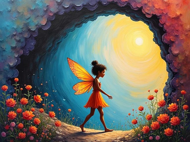 Dynamic fairy walking toward the cave entrance. Textured cave mural style with vibrant colors. Impasto and vermiculite effects. Expressionist explosion captured. Minimalist flowers surround the scene.