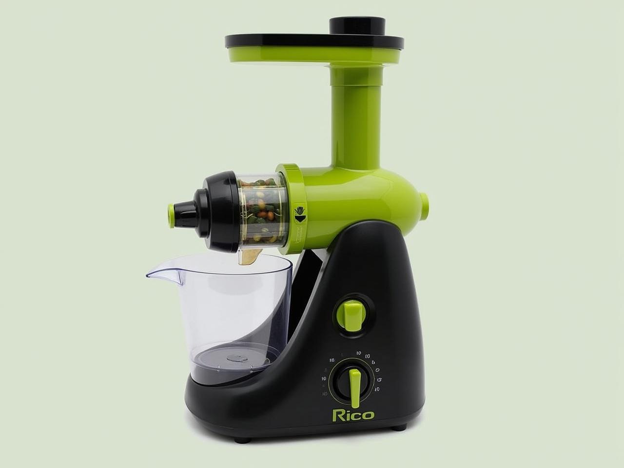 The image shows a modern, sleek juicer with a combination of black and bright green colors. It has a clear container at the front to catch the juice, allowing users to see the contents inside. There is a prominent lever in green labeled 'OPEN' for easy access. The base includes two dials, one marked with '0' and the other with 'I' and 'II' for adjustable settings. The brand name 'Rico' is displayed prominently on the front, emphasizing its design and usability. This juicer is designed to be functional and visually appealing, making it a great addition to any kitchen.