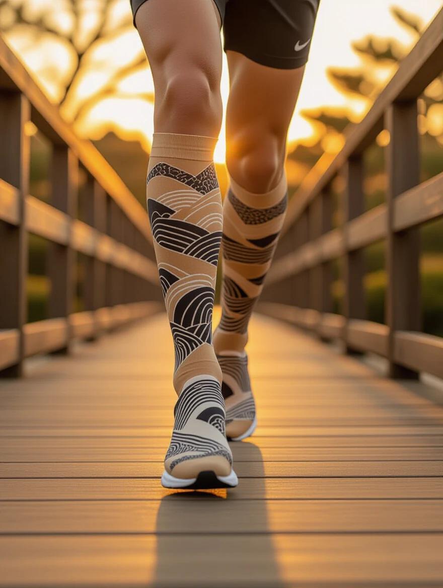 Dynamic photograph of a runner wearing compression socks. Socks have Japanese zen garden patterns in earth tones during golden hour. Raked sand patterns in gradient beiges and warm grays are featured. Flowing water motifs wrap around the calf. Runner's legs are in motion on a wooden boardwalk. Golden sunlight streams through the planks. The patterns are enhanced by professional lighting. Shot from a low angle to emphasize movement and details.