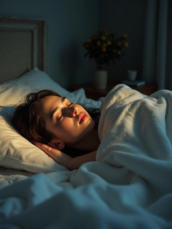 A person is sleeping peacefully in a bed covered by a soft blanket. The atmosphere is one of deep peace and rest. The image features soft lighting. The style is cinematic and realistic with a focus on tranquility.