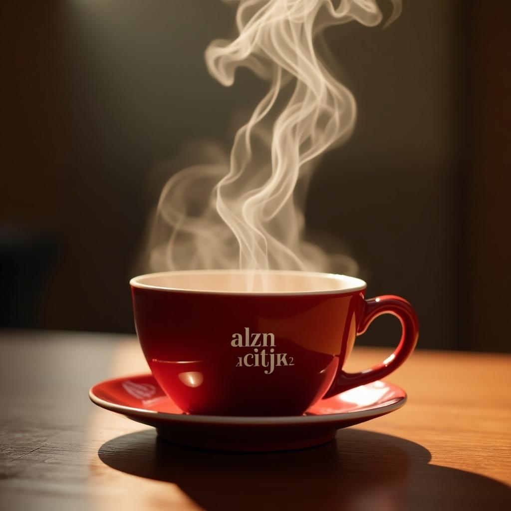 A photorealistic image showcasing a red cup of tea on a wooden table. Above the cup, steam is rising in whimsical shapes that resemble a dancing couple, adding a playful and artistic element to the scene. The cup features the text 'бальный чатик', visible and clear. Soft, warm lighting enhances the cozy feeling of this image, inviting viewers to imagine the warmth of the tea. The rich red color of the cup contrasts beautifully with the brown table, creating a visually appealing composition.