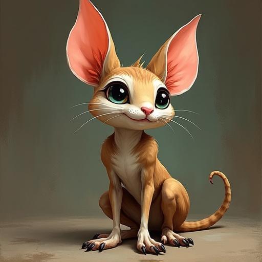 Illustration of a whimsical jerboa character with large ears and expressive eyes. The character sits upright with a playful expression, showcasing its unique features and vibrant colors. The background is simple, allowing the character to stand out.