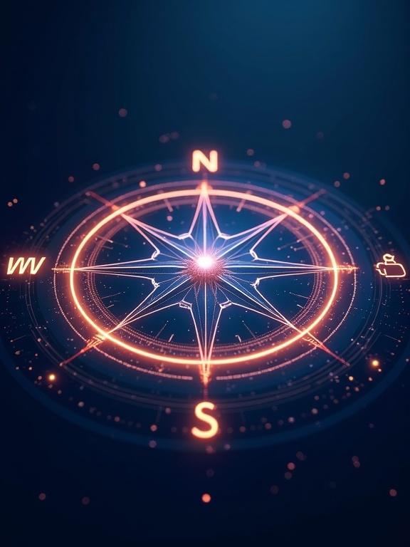 High-detail illustration of a glowing holographic compass made of luminous circuit lines and subtle career icons orbiting on dark navy gradient background.