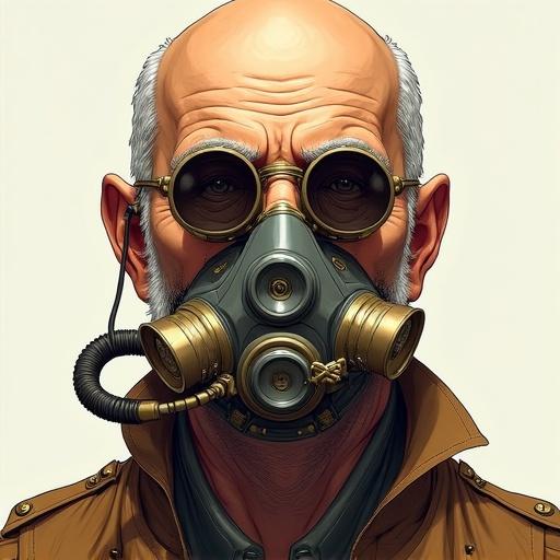 Portrait of an elderly man with a bald head and graying beard and mustache. Round steampunk glasses and a complex respirator cover mouth and nose. Multiple piercings on left ear. Wearing a high-collared jacket, resembling military or industrial work. Direct and intense gaze. Detailed wrinkles, skin texture, and intricate technology highlighted.
