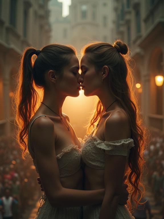 Two models embrace closely in a romantic setting. Their faces are lit by a warm glow from behind. They wear soft, delicate clothing and show affection. The background features a crowd in a city street.