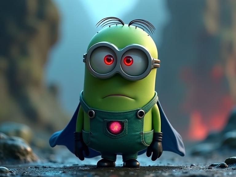 Green-skinned minion styled as Martian Manhunter. Features red eyes and a blue cape. Alien landscape is in the background with mystical lighting effect. 3D cartoon render in Pixar style.