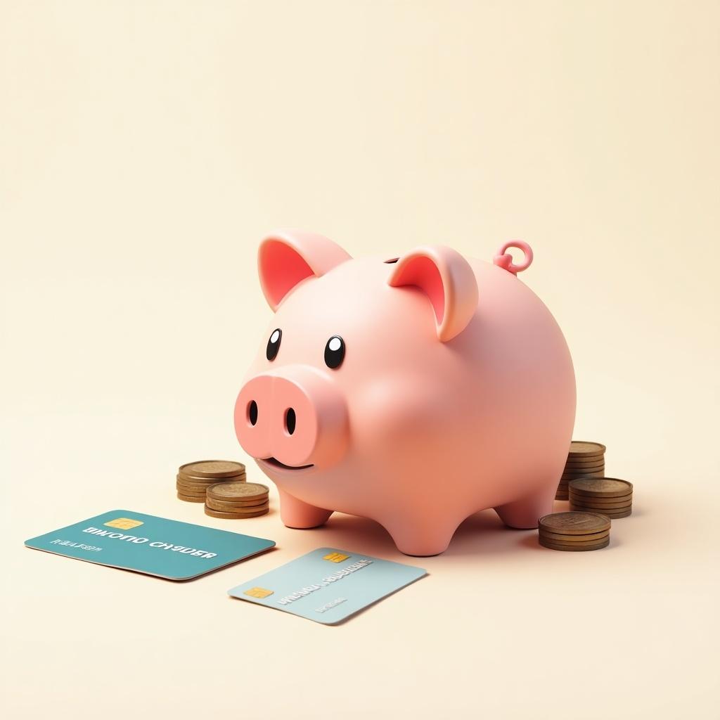 The image features an animated 2D piggy bank in vibrant pink, situated on the right side. Surrounding the piggy bank are stacks of gold coins, symbolizing savings. On the left side, there are two digital credit cards laid one in front of the other, with only the left top corner of the back card visible. The aesthetic is playful, targeting young savers. The background is soft beige, adding to the overall warm and inviting feel of the image. This setup emphasizes themes of financial literacy and savings for children.