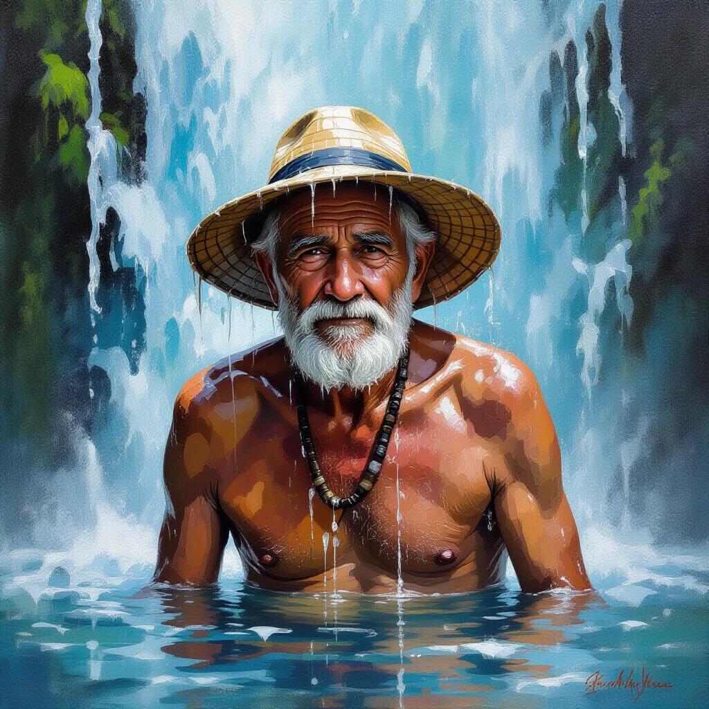 Old man stands in water under a waterfall. He wears a straw hat and a necklace. Water cascades around him. Strong light reflects off the water. Background features lush greenery. Colors are vibrant and rich.