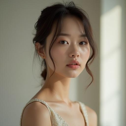Portrait of an elegant East Asian woman. Soft lighting enhances facial features. Minimalist fashion style highlights simplicity and sophistication.
