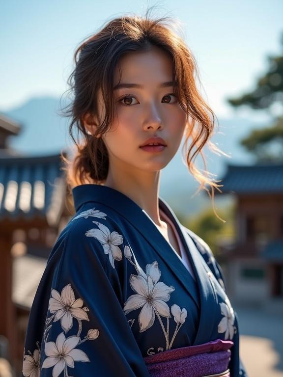 A hyper-realistic portrait of a woman with medium-length, tousled chestnut brown hair and deep violet eyes. She wears a navy blue floral kimono with white lilies and a purple obi belt. Background features traditional Japanese wooden houses, temple rooftops, pine trees, and mountains under a sunny sky. The scene captures the natural beauty and serene expression at golden hour.