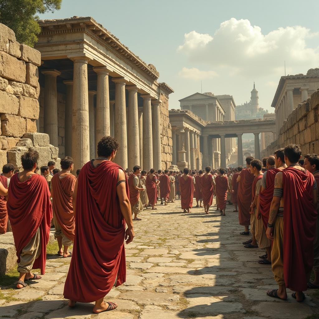 The image depicts a bustling scene from ancient Rome, where numerous citizens are walking through a grand street lined with impressive columns and stone structures. Dressed in traditional red togas, the people move together, suggesting a significant event or gathering. The atmosphere is lively, evoking a sense of community and social interaction among the citizens. The sunlight bathes the scene in warm colors, highlighting the architectural details of the ancient structures. This portrayal captures the essence of daily life in Rome, blending culture and history.