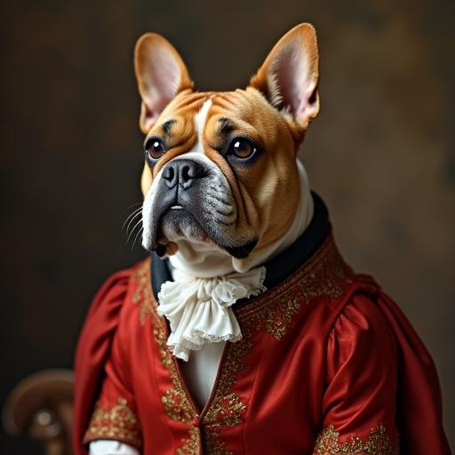 French Bulldog with a cinnamon coat wears English lord attire. The dog displays distinct features with slanted eyes and a subtle black line. The image mirrors classical portraiture resembling Velázquez.
