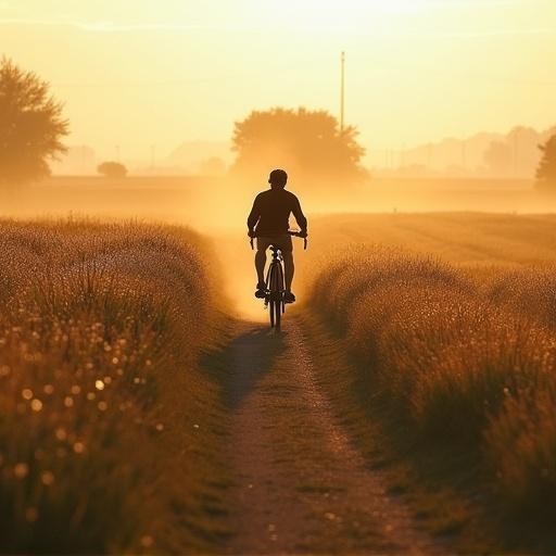 A lone cyclist rides through dynamic fields at sunrise. The cyclist is shown on a path surrounded by fields. The sky is slowly lightening. The atmosphere is peaceful and inspirational