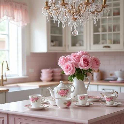 A light pink and white shabby chic kitchen is featured. A crystal chandelier hangs above a countertop. Light pink roses are arranged in white teapots with pink rose prints. A coordinating light pink rose print tea set is placed on the white cabinets.