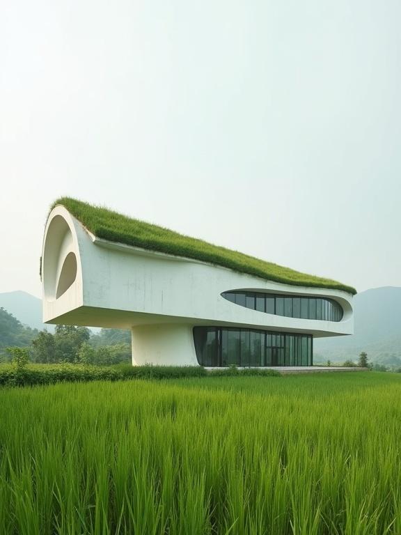 A white building with green roof and walls built on rice fields. Modernist architecture style. Curved shape and minimalist design. Earthy color scheme. Symmetrical composition. Professional photography for magazine cover.
