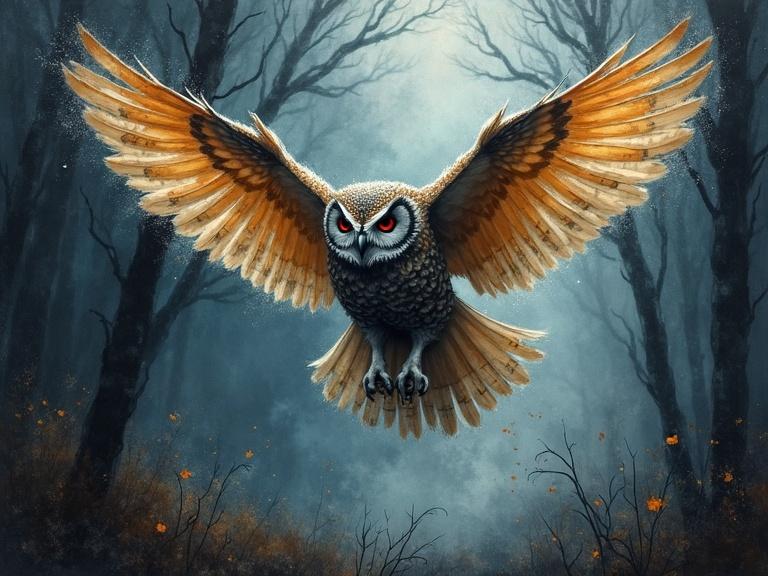 A majestic owl in flight. Dark forest background with fog. Ink splatter painting style. Detailed and beautiful artwork.