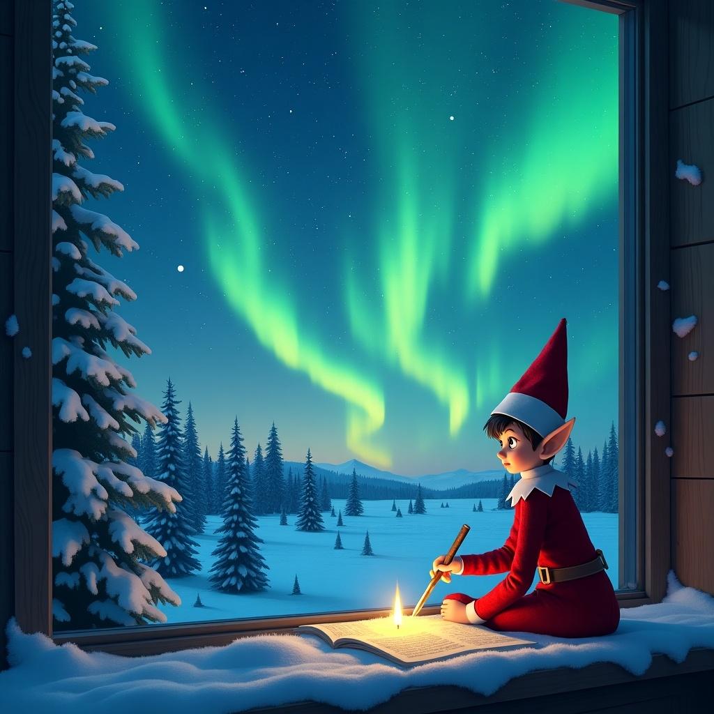 A whimsical scene featuring an elf in a red outfit sitting on a window sill, writing in a book illuminated by a small flame. Outside, the night sky is painted with vibrant northern lights dancing overhead, casting a magical glow on the snowy landscape. The elf looks cheerful and focused, embodying the spirit of Christmas. Pine trees dusted with snow surround the cabin, enhancing the wintery feel. The image captures the essence of holiday magic and childhood wonder.