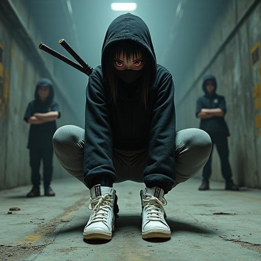 High-definition Akira-inspired anime image featuring a young woman in a ninja outfit. She shows worn white Adidas high-top sneakers while crouched on a concrete floor. She wears a mask and has red eyes under black hair. Other ninjas stand in the background with crossed arms. The scene is gritty with industrial lighting and cyberpunk details.