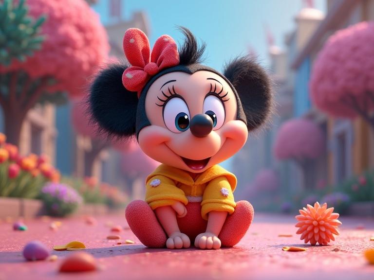 Disney character in a vibrant, playful, digital illustration. Character has mouse ears and a bow, is sitting on a colorful street with flowers.