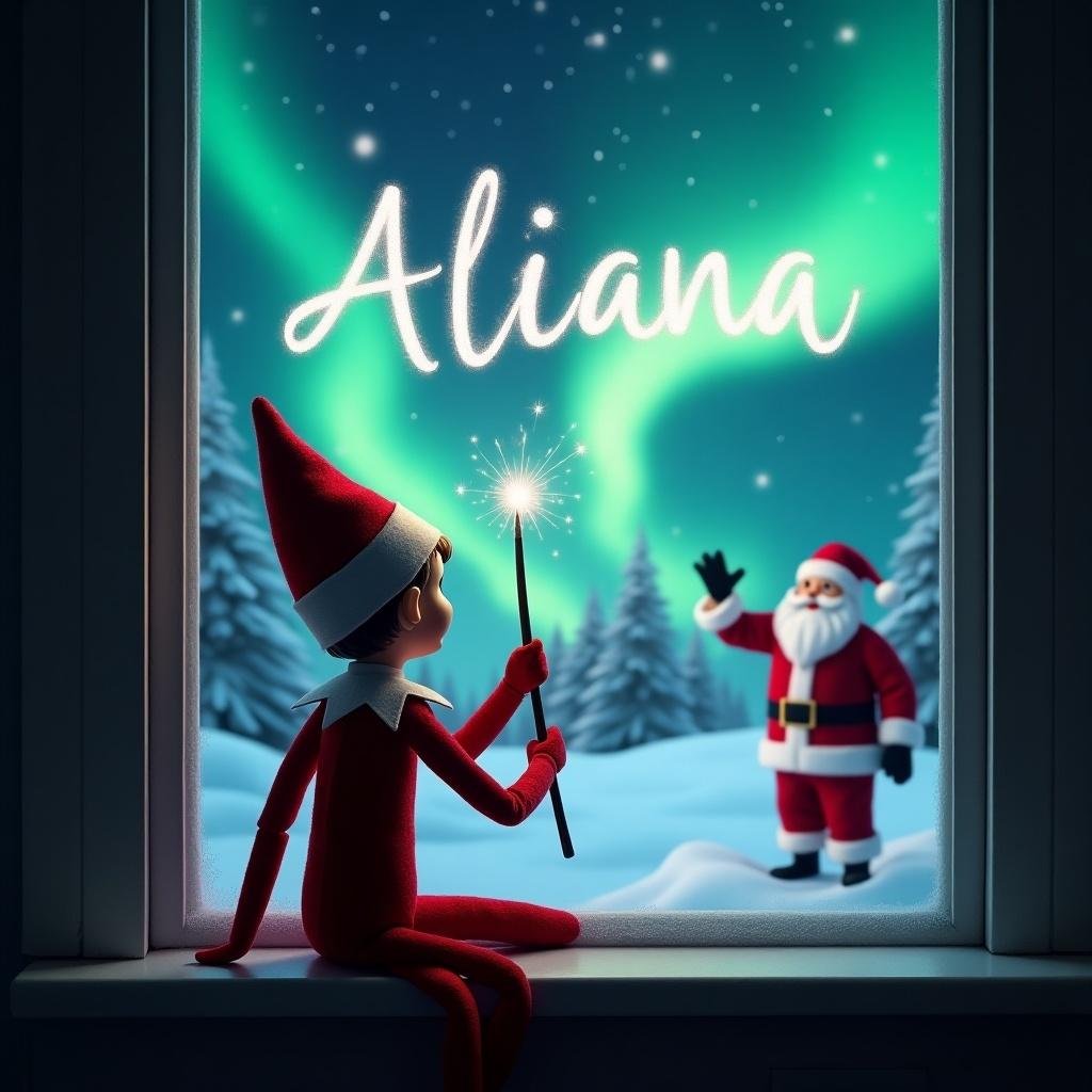 This enchanting image features an elf on the shelf sitting on a window ledge, with his back facing the viewer. The elf uses a magic wand to write 'Aliana' in the sky, creating a beautiful and magical moment. In the background, the night sky is illuminated by vibrant northern lights, adding to the festive atmosphere. Santa Claus can be seen happily waving in the snowy landscape outside. The overall feel of the image captures the essence of Christmas magic and wonder, making it perfect for holiday-themed illustrations.