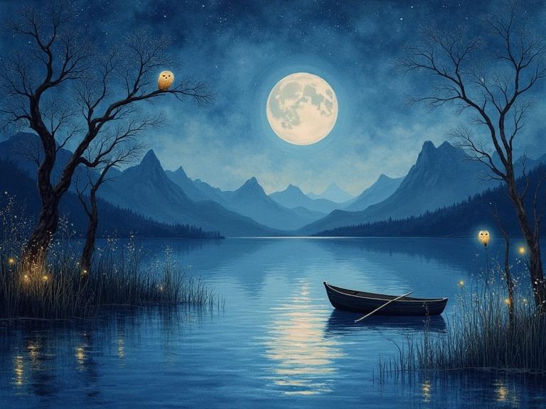 Painting captures a quiet nighttime lake scene. The shimmering waters reflect a bright full moon. Tall reeds line the shores with spots of glowing orbs. A wooden rowboat floats on the lake. Owls sit on branches above, illuminated by moonlight. Distant mountains loom in the background under a starry sky. The artwork conveys a dreamlike, tranquil atmosphere.