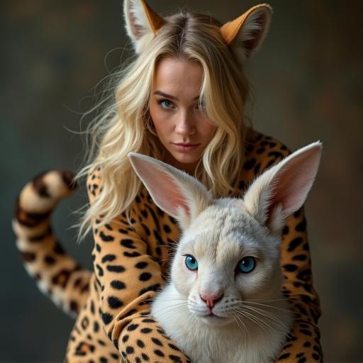 A blonde woman with blue eyes wears a cheetah costume. She has cheetah ears and tail. Another woman is dressed as a bunny. They interact playfully. The setting has a soft focus background.