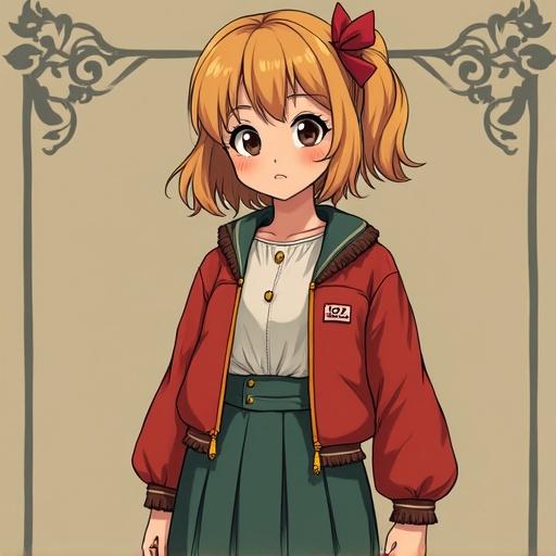T-pose anime character girl wearing a retro slavic outfit. The character has short hair and a bow. The outfit is composed of a jacket and a skirt.