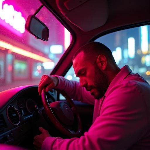 Taxi driver sits with forehead resting on steering wheel. Neon lights glow in the background casting electric magenta hues. The city lights reflect on the car's interior. Low light atmosphere creates a sense of fatigue and weariness.