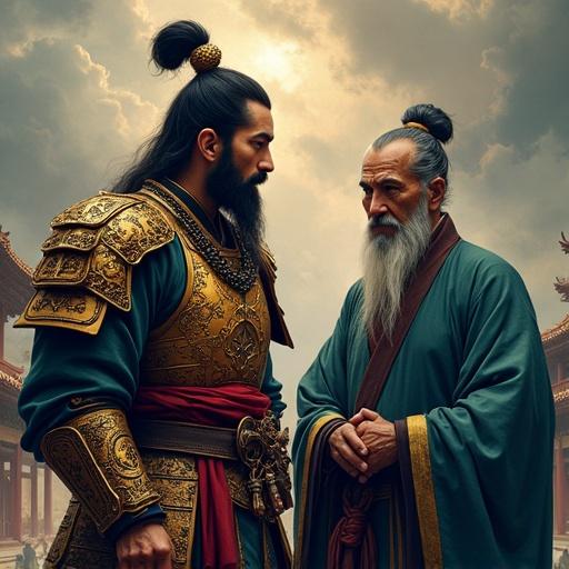 2.5D render illustrated with depth. Semi-realistic comic-book style with bold outlines. Features a Chinese warlord in ornate lion-shaped armor. Shows an ancient general in chainmail and sash. Accompanied by an old wise advisor in scholar robes. Set during the Three Kingdoms era with dark fantasy elements. Emphasizes textured and painterly brush strokes. Highlights volumetric shadows and dramatic composition.