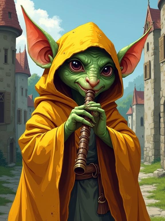 Goblin bard in a bright cloak playing a flute. Face with rough stylization featuring large circular eyes without irises and thick black outlines. Background displays a village with houses in flat design style. Fantasy illustration suitable for D&D.