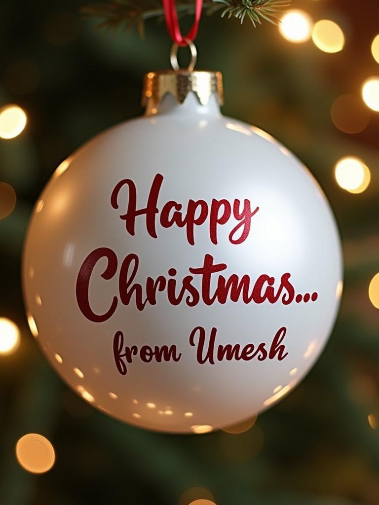 Close-up image of a white Christmas bauble featuring a message. Text states 'Happy Christmas...from Umesh'. Twinkling background lights enhance festive spirit suitable for Christmas greetings.