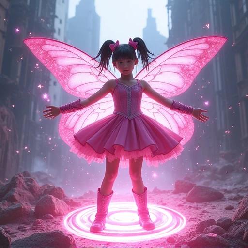 Magical girl has pigtails and wears a pink battle suit. She casts magic in a ruined city with a glowing magic circle. The skirt has star patterns that light up. Transparent butterfly wings protrude from her back. The girl is surrounded by urban ruins and a distant monster roar is heard. Strong color contrast and dynamic lines convey a passionate fantasy scene.