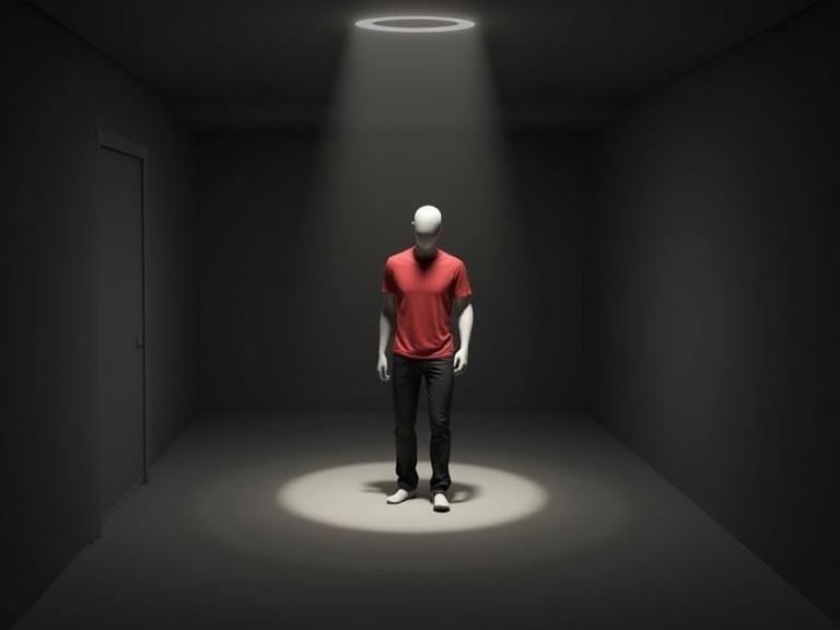 Digital 3D illustration depicts a mannequin in a red t-shirt standing in a dark room. Soft warm lighting highlights the subject. The setting creates an atmosphere of tension and focus. Minimalistic design emphasizes low-poly style.