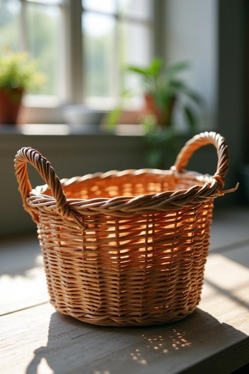 A roller basket made of wicker. The basket is placed on a wooden surface near a window with soft natural lighting. There are plants visible in the background.