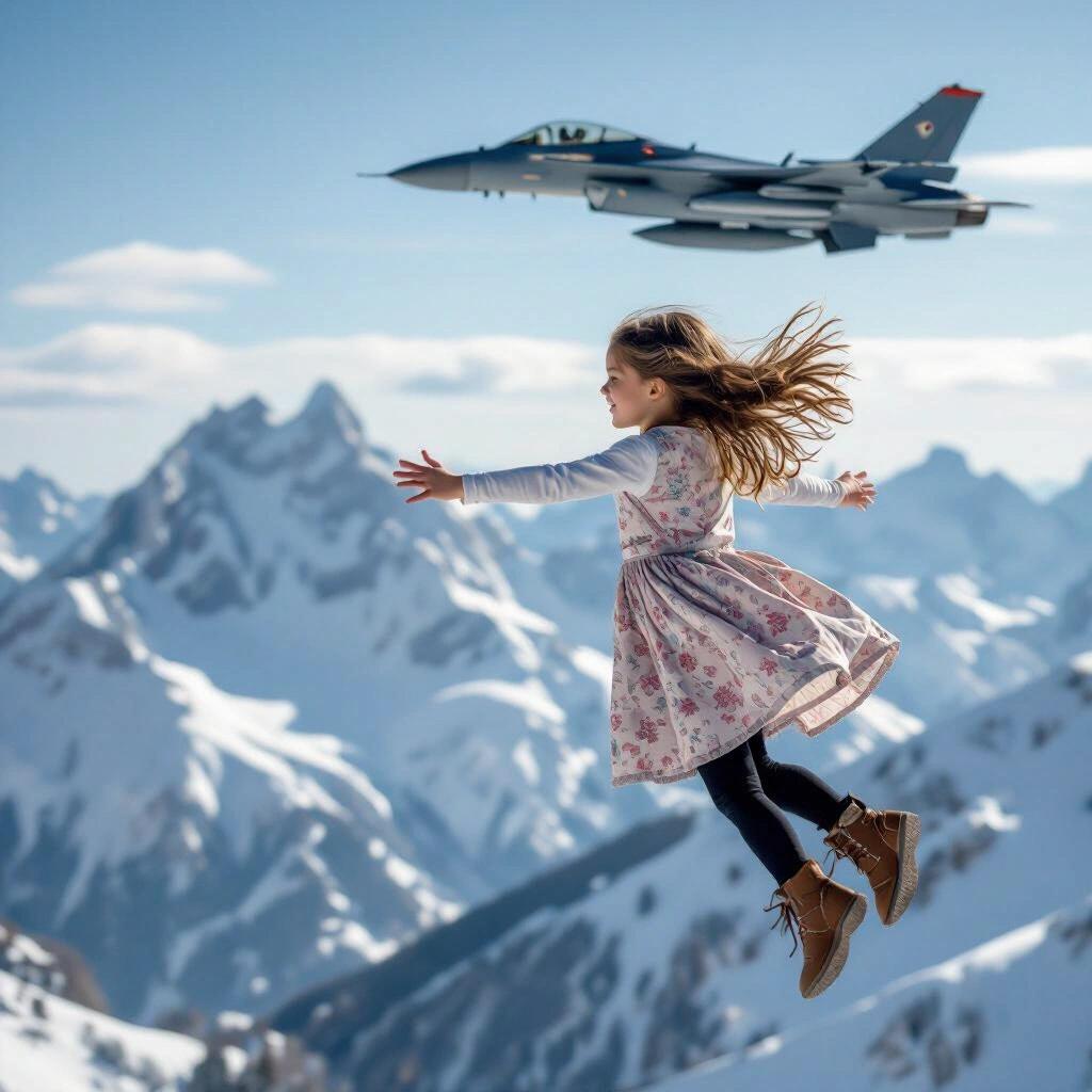 Young girl with long hair wearing a dress flying high through the sky beside a fighter jet above snowy mountain range. She has arms and legs outstretched. She appears joyful and carefree.