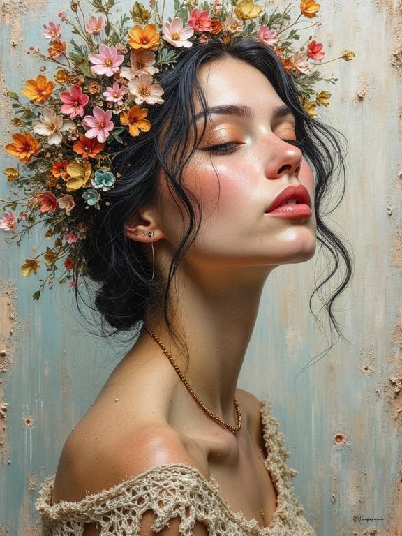 Portrait of a woman with a floral crown. Natural makeup and soft expression. Detailed textures in the background. Mixed media elements. Stunning composition. High-quality and magical.