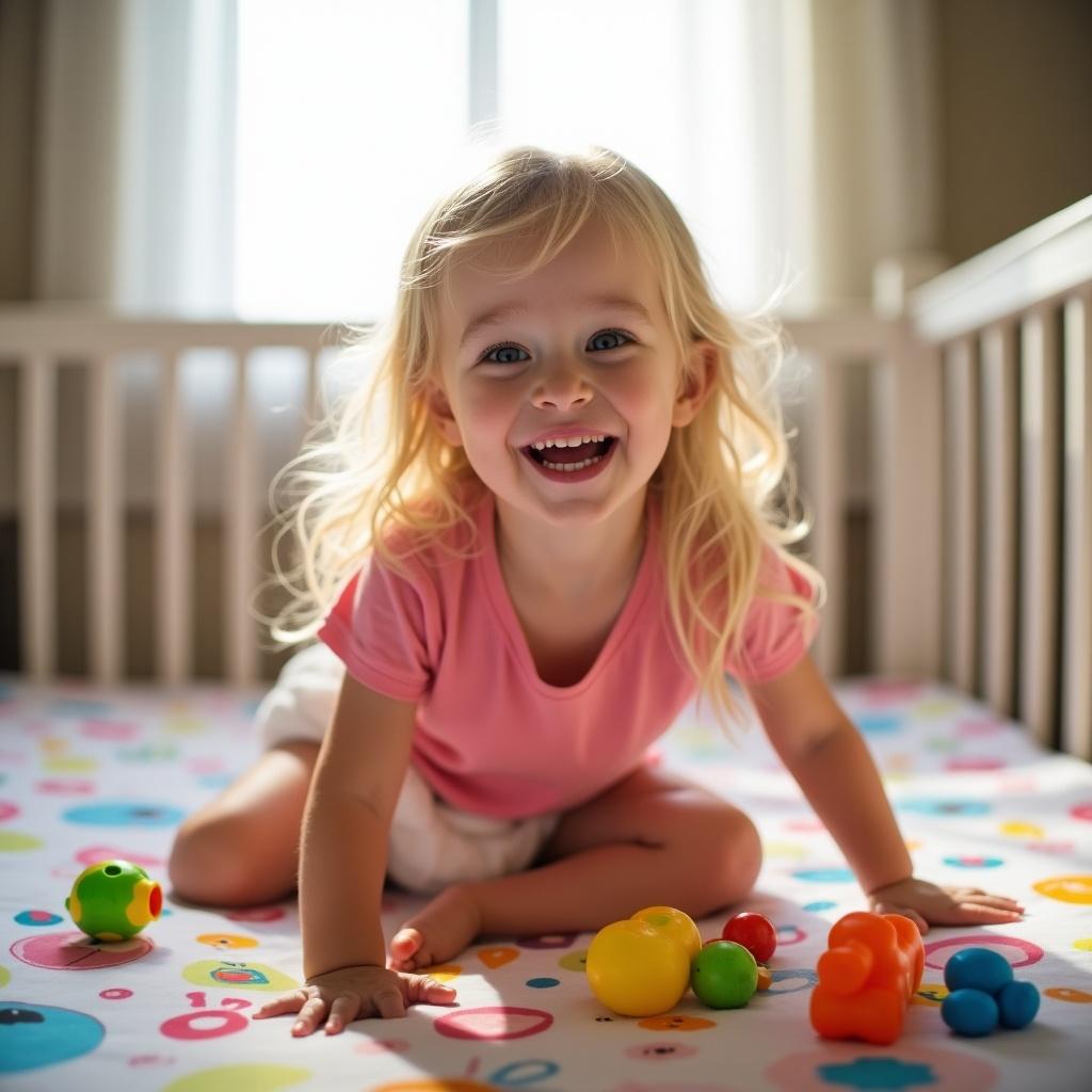 A joyful toddler plays in a crib. Long blond hair. Pink t-shirt. Wet diaper. Colorful toys scattered on a playful sheet. Bright, soft lighting creates warmth. Captures a candid moment of childhood joy.