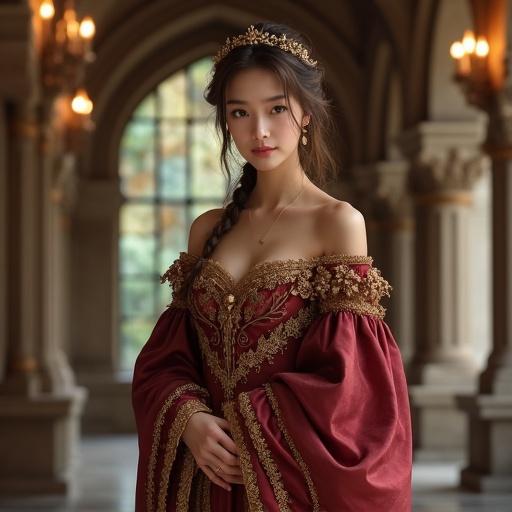 A stunning 25-year-old noblewoman stands in a grand royal chamber. She wears a richly designed gown, showcasing her elegant hourglass figure. The gown features deep jewel tones, luxurious fabrics, and intricate embroidery. Her chestnut hair is styled elegantly. The scene is softly lit by chandeliers and stained glass windows.
