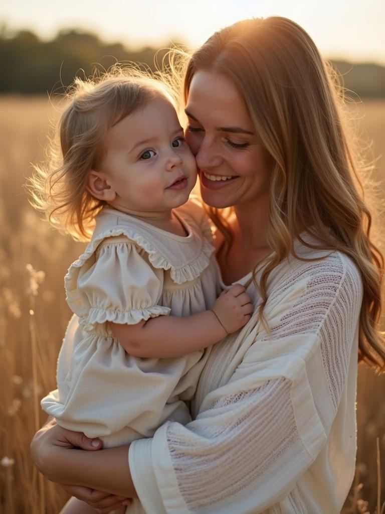 Image features a young mother holding a child in a sunny meadow. Soft golden light bathes the scene. The mother wears a cozy outfit. The child looks joyful and cuddled.